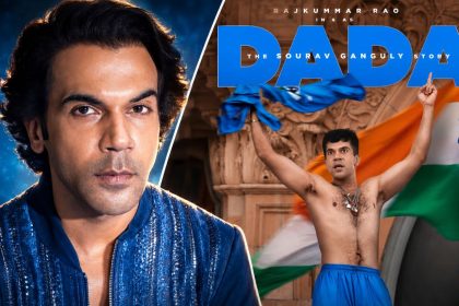 Actor Rajkummar Rao with the Dada: The Sourav Ganguly Story poster.