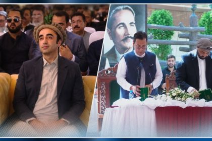 Amjad Hussain Advocate takes oath as Gilgit-Baltistan chief minister at Chinar Bagh as Bilawal Bhutto Zardari attends ceremony.