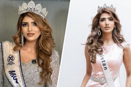 Editorial collage of Anniqa Meraj wearing crowns and Pakistan pageant sashes.