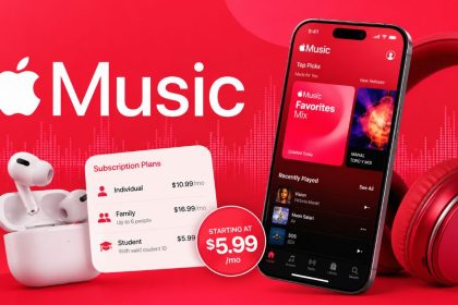 Apple Music price increase illustrated with the app, AirPods and headphones.