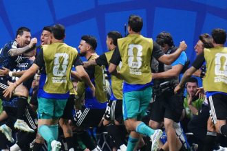 Argentina players celebrate Lautaro Martinez’s late winner against England in Atlanta