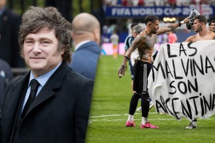avier Milei and Argentina players displaying Falklands banner after England semifinal win.
