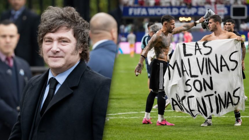 avier Milei and Argentina players displaying Falklands banner after England semifinal win.