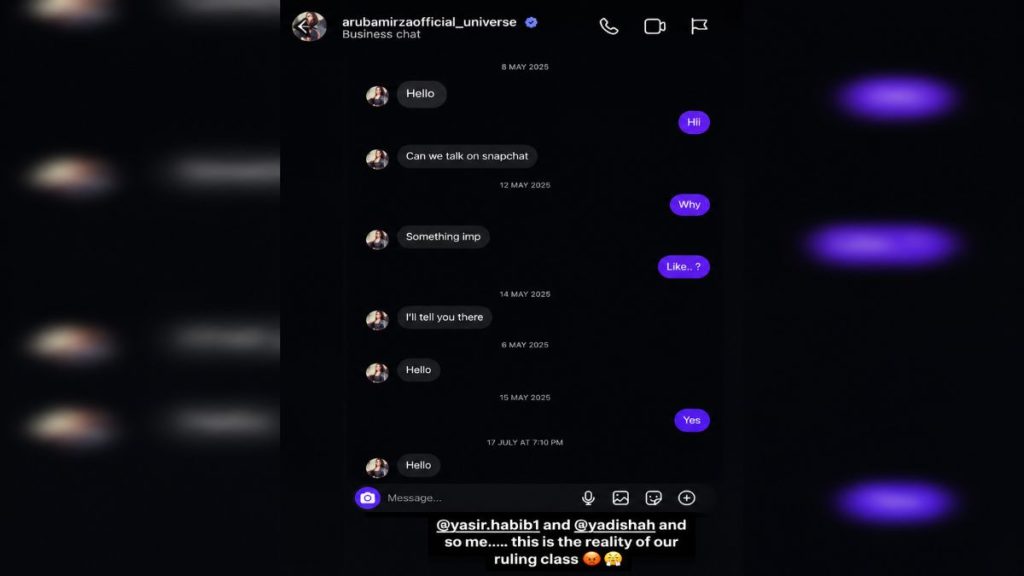 Actress Aruba Mirza shared screenshots of alleged Saqib Chadhar Instagram.