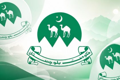 Government of Balochistan emblem with camels, crescent moon, mountains and Urdu banner in green collage design.