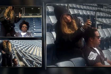 Beyoncé shaving Jay-Z’s hair while seated at Yankee Stadium in New York City.