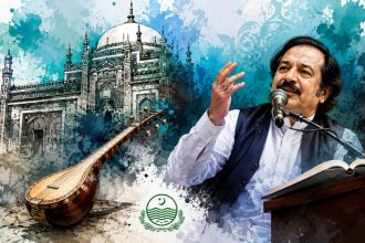 collage showing the shrine of Shah Abdul Latif Bhittai with a traditional tanbur and artistic watercolor background representing the annual Urs celebration.