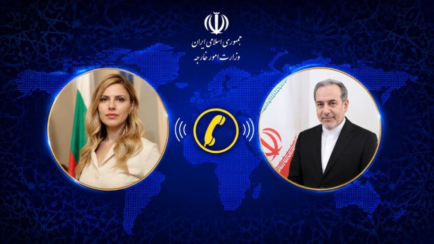 collage featuring Bulgarian counterpart Velislava Petrova and Iranian Foreign Minister Abbas Araghchi connected by a phone call graphic.