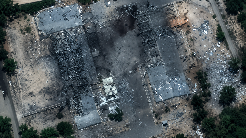 Aerial image of a damaged site in Nineveh, Iraq, following reported US-Saudi airstrikes that killed at least eight Popular Mobilisation Forces members on July 29, 2026.