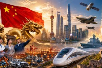 Illustrative collage featuring China's skyline, high-speed rail, advanced technology, manufacturing, and national symbols representing the country's rising global influence.