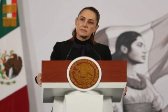 Mexican President Claudia Sheinbaum speaking at her morning news conference in Mexico City.