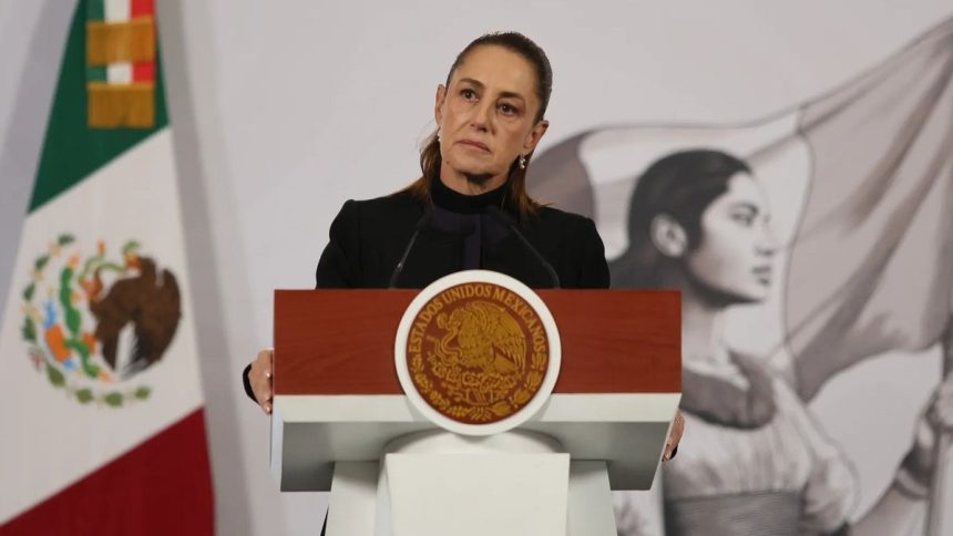 Mexican President Claudia Sheinbaum speaking at her morning news conference in Mexico City.