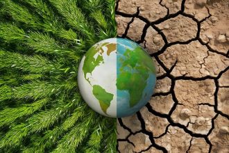 Globe between green grass and cracked dry earth representing climate risk.