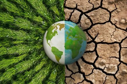 Globe between green grass and cracked dry earth representing climate risk.