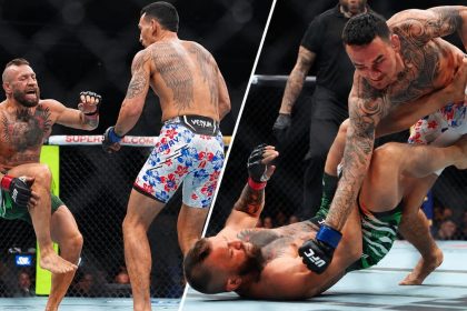 Max Holloway first-round TKO victory after Conor McGregor suffered an injury just 69 seconds into their UFC 329 bout in Las Vegas on June 11, 2026