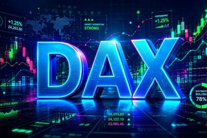 DAX index displayed in a futuristic European stock market dashboard with candlestick charts, trading data and upward market arrows.