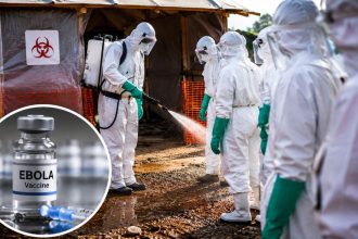Ebola response workers disinfecting a treatment area with an Ebola vaccine vial inset.