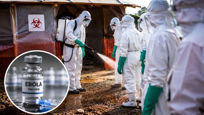 Ebola response workers disinfecting a treatment area with an Ebola vaccine vial inset.