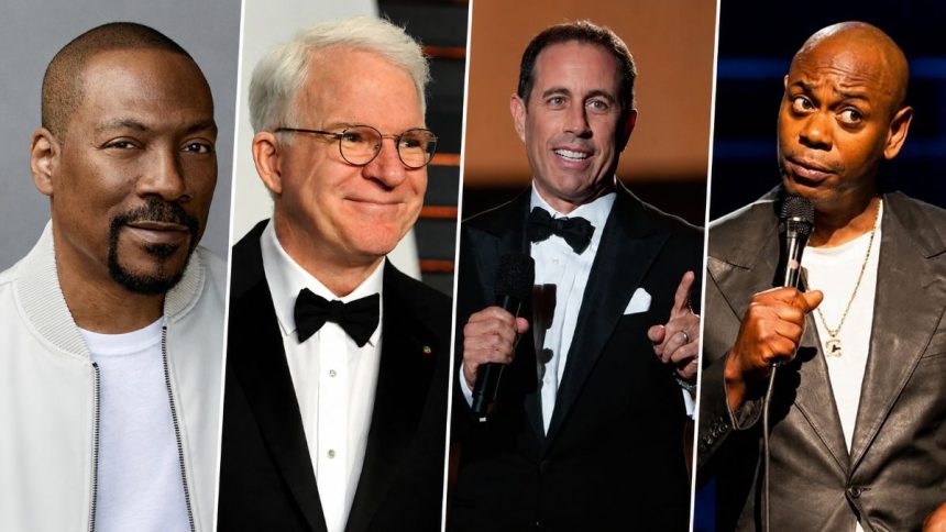 Eddie Murphy, Steve Martin, Jerry Seinfeld and Dave Chappelle collage