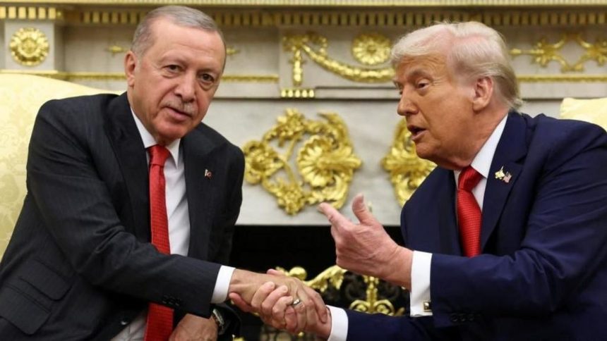 President Recep Tayyip Erdogan and US President Donald Trump shake hands at the White House.
