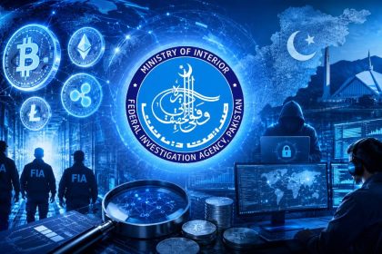 Federal Investigation Agency emblem with cryptocurrency symbols and cybercrime investigators in Pakistan.