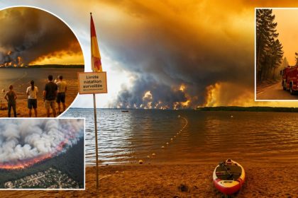 Wildfires in France's southwest send thick smoke across a lakeside as firefighters respond to the rapidly spreading blaze.