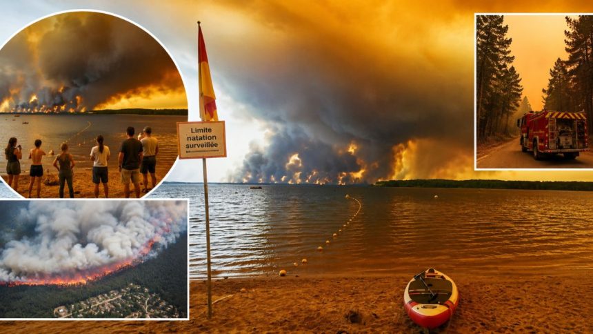 Wildfires in France's southwest send thick smoke across a lakeside as firefighters respond to the rapidly spreading blaze.