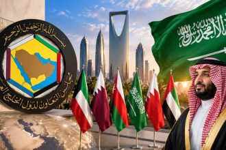 collage showing the Gulf Cooperation Council emblem, the Saudi Arabian national flag, Saudi Crown Prince Mohammed bin Salman, and a modern Riyadh skyline.