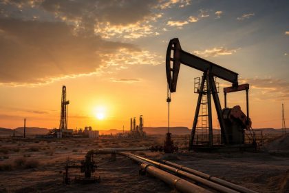 gas project with oil pumpjack at sunset
