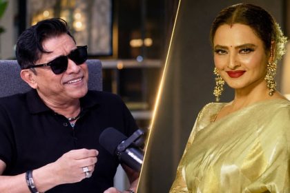 Pakistani singer Hassan Jahangir and Bollywood actor Rekha shown in split portrait collage.