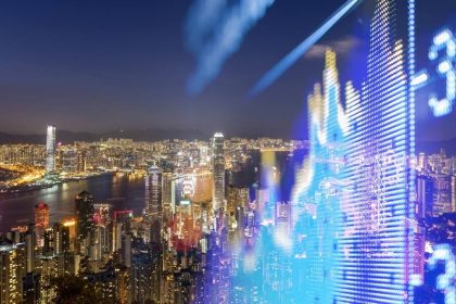 Hong Kong skyline with digital financial market graph.
