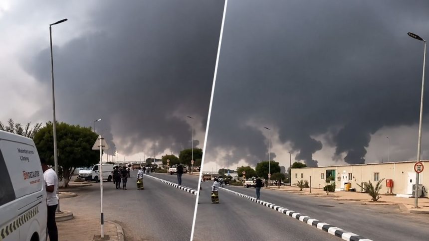 Thick black smoke billows into the sky after Houthi attacks on Saudi oil sites in Jizan and Yanbu. Image Credit: Video Screengrab.