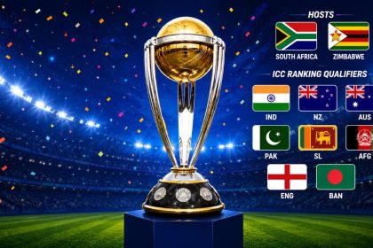 CC Cricket World Cup trophy displayed with the flags of South Africa, Zimbabwe, India, New Zealand, Australia, Pakistan, Sri Lanka, Afghanistan, England, and Bangladesh.