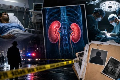 Editorial collage showing a hospital patient, kidney scan, surgeons and police investigation in a kidney removal case.