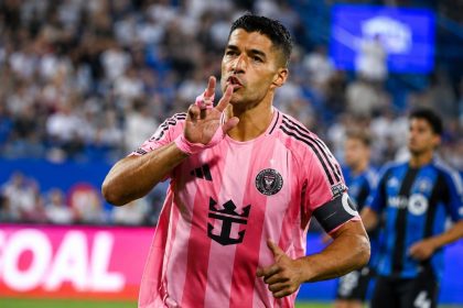 Inter Miami forward Luis Suárez celebrates after scoring a penalty against CF Montréal at Stade Saputo in Montréal on July 25