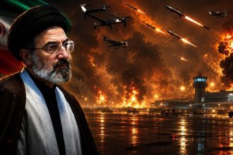 Iran conflict illustration showing drones missiles and explosions near an airport