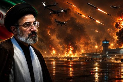 Iran conflict illustration showing drones missiles and explosions near an airport