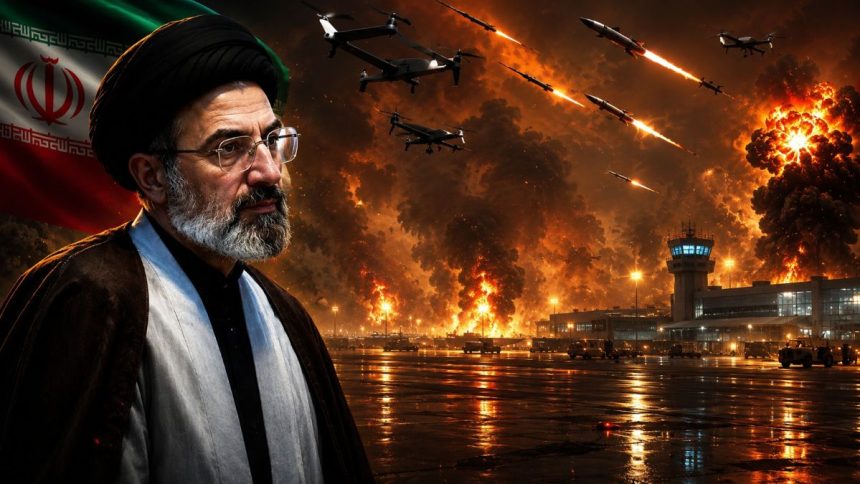 Iran conflict illustration showing drones missiles and explosions near an airport