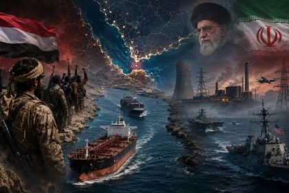 An illustrative collage shows Iran-Houthi tensions, the Bab el-Mandeb shipping route, oil tankers, military vessels and regional power infrastructure.
