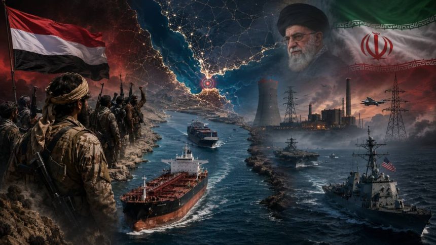An illustrative collage shows Iran-Houthi tensions, the Bab el-Mandeb shipping route, oil tankers, military vessels and regional power infrastructure.