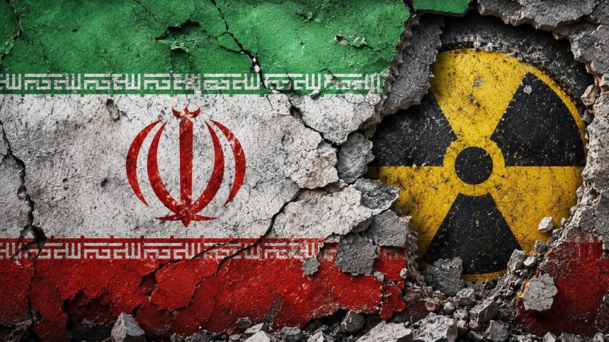 Iranian flag on cracked wall with nuclear radiation symbol