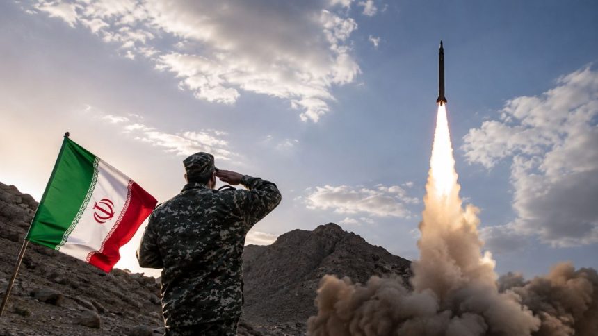 Iranian soldier saluting beside the Iran flag during a missile launch.