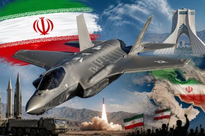 Illustrative editorial collage featuring an F-35 stealth fighter with the Iranian flag, missile systems, and national landmarks.