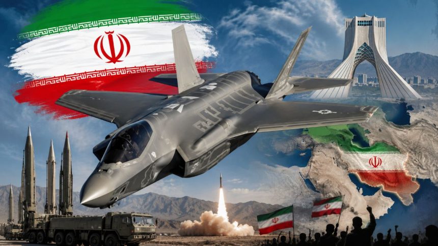 Illustrative editorial collage featuring an F-35 stealth fighter with the Iranian flag, missile systems, and national landmarks.
