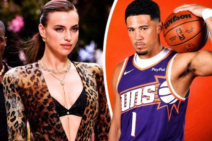Model Irina Shayk alongside Phoenix Suns guard Devin Booker in an editorial collage.