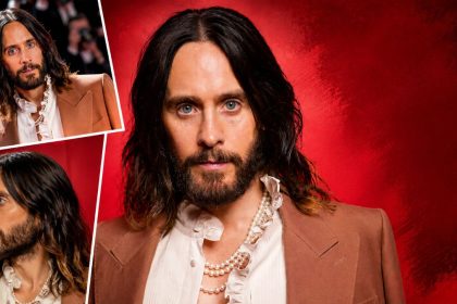 collage featuring American actor and musician Jared Joseph Leto in multiple portrait views against a red background.