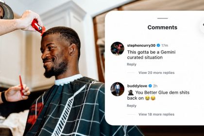 Jimmy Butler getting a new short haircut while social media reactions, including Stephen Curry's AI joke, appear in an editorial collage. Image Credit: jimmybutler/Instagram.