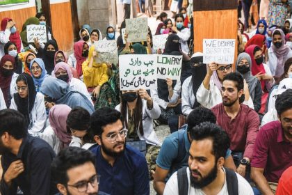 Karachi doctors hold a protest at Abbasi Shaheed Hospital over pay, respect and workplace equality.