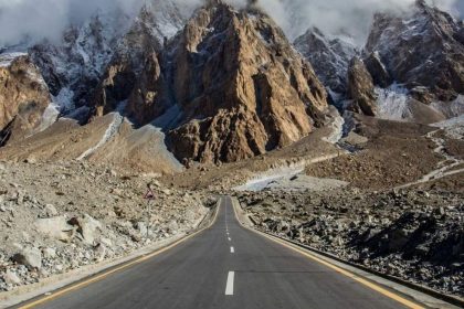 Karakoram Highway winding through rocky mountains in northern Pakistan.