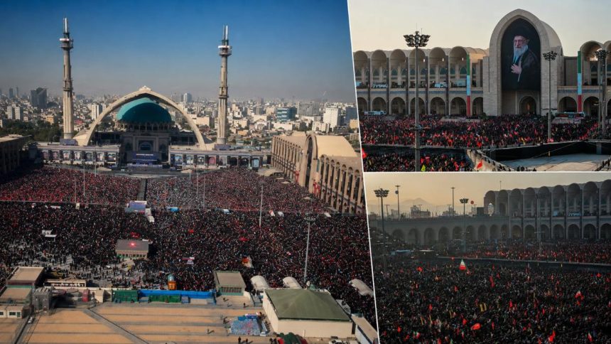 Khamenei’s funeral prayers draw huge crowds at Imam Khomeini Grand Musalla as Ayatollah Jafar Sobhani leads rites.